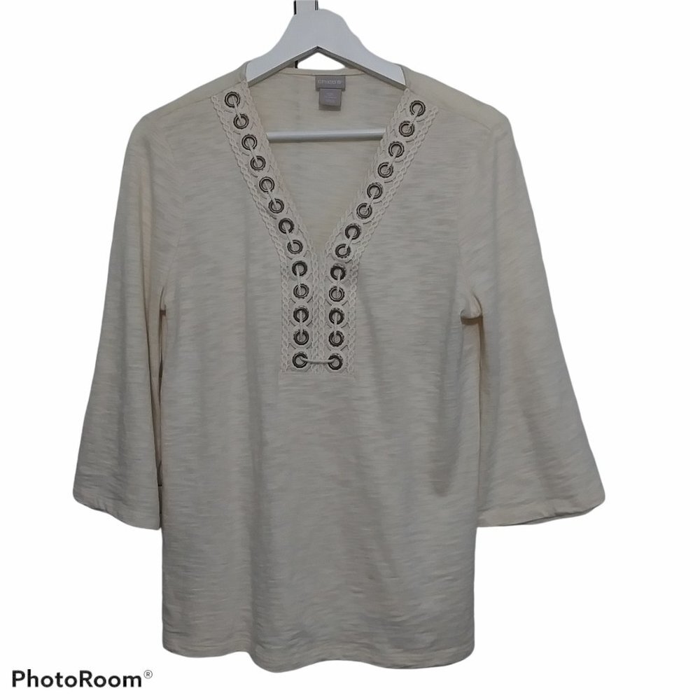 Chicos Tee Shirt Grommet Rope‎ Neckling Cream Nautical Size Small Petite